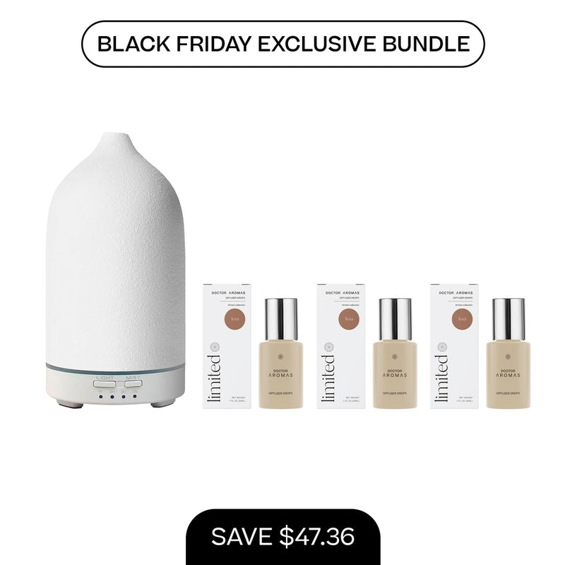 White ceramic aromatherapy stone diffuser with three small diffuser drop bottles and packaging. - Aromatherapy Stone Diffuser + 3x Diffuser Drops | BFCM Exclusive Bundle - Hope / White - Doctor Aromas