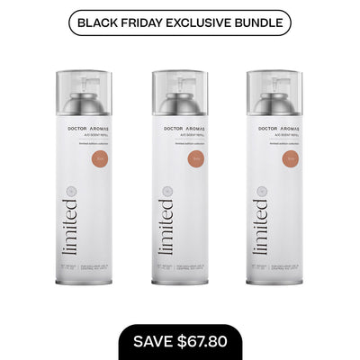 Three white cylindrical A/C scent refill cans with silver caps, labeled "limited" and "Doctor Adder," set against a white. - A/C Scent Refill 17.1 oz x3 | BFCM Exclusive Bundle - Hope - Doctor Aromas