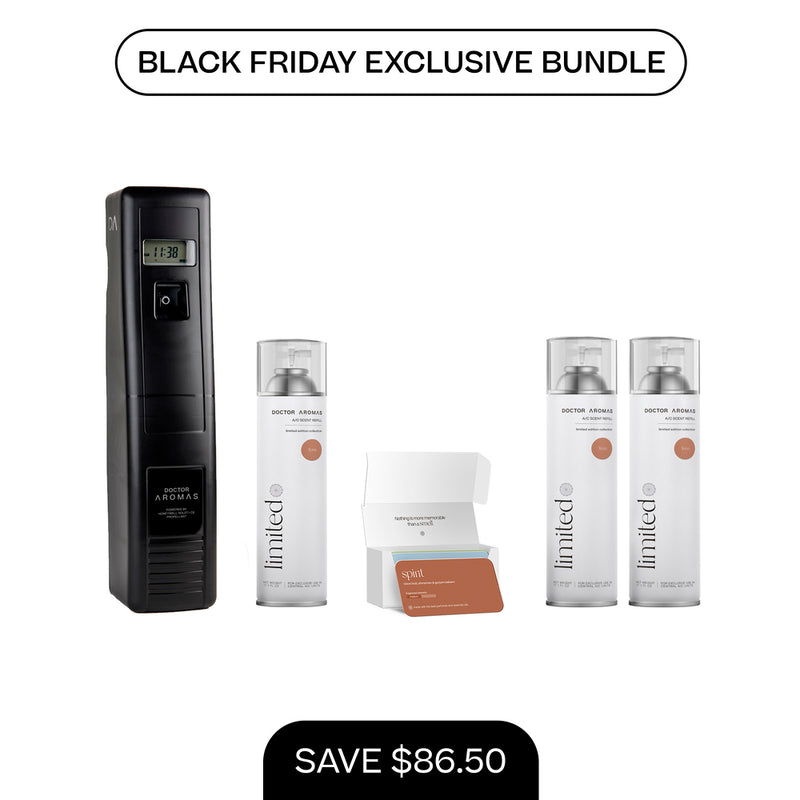 Black A/C Scenting System Pro unit with two white 17.1 oz refill cans and a small open scent cartridge holder. - A/C Scenting System Pro + 2x 17.1 OZ Refills | BFCM Exclusive - Hope - Doctor Aromas