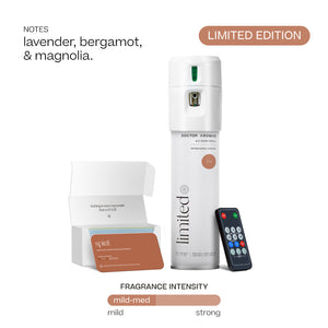 White Doctor Aromas A/C spray dispenser with remote, limited edition scent box labeled lavender, bergamot, and magnolia. - Doctor Aromas A/C Scenting System - A/C Spray Dispenser with Remote Control, Customizable Scent Experience, Vegan & Cruelty-Free, 17.1 oz Fragrance Oil, Whole Home Freshener, Battery Operated, Non-Toxic, Cosmetic Grade Scents - Hope® - Doctor Aromas