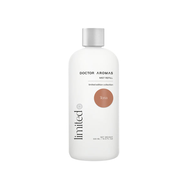 White cylindrical bottle with silver cap labeled "Doctor Aromas limitedÂ® Terra" and a terra cotta color circle on the front. - Mist Refill | Terra - Terra / 100 ml - Doctor Aromas