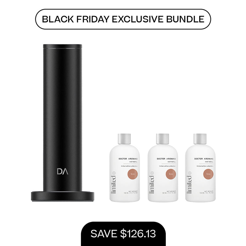 Matte black cylindrical aroma diffuser with matching black base and three 100ml mist refill bottles with white labels. - Aroma Diffuser 500 + 3x Mist Refill 100ml | BFCM Exclusive Bundle - Hope / Black - Doctor Aromas