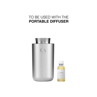 Silver portable diffuser with compact bottle of yellow liquid refill labeled Signature Collection. - Portable Diffuser Refills Pack of Three | Signature Collection - Signature Collection - Doctor Aromas