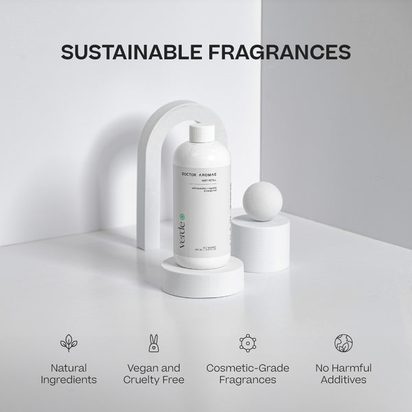 Two white plastic mist refill bottles labeled Verde on a white minimalist stand with sustainable fragrance icons. - Mist Refill Twin Pack | Verde - Verde - Doctor Aromas