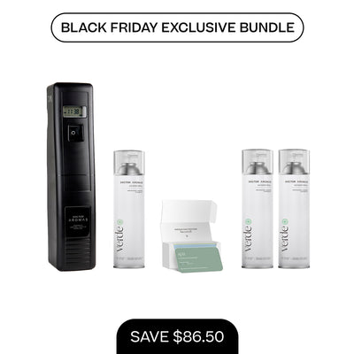 Black vertical A/C scenting system with digital display and two sets of white 17.1 oz refill bottles labeled "VERDE" with. - A/C Scenting System Pro + 2x 17.1 OZ Refills | BFCM Exclusive - Hope - Doctor Aromas