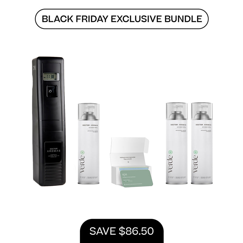 Black vertical A/C scenting system with digital display and two sets of white 17.1 oz refill bottles labeled "VERDE" with. - A/C Scenting System Pro + 2x 17.1 OZ Refills | BFCM Exclusive - Hope - Doctor Aromas