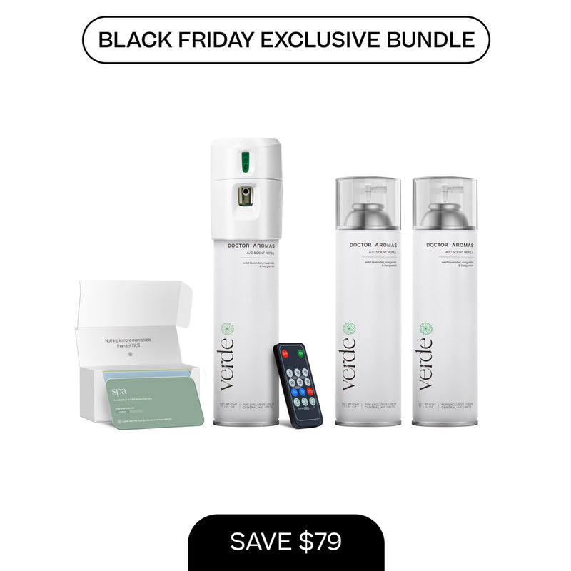 White A/C scenting system with two 17.1 oz Verde refills, remote control, and instruction cards, Black Friday bundle. - A/C Scenting System + 2x 17.1 OZ Refills | BFCM Exclusive - Hope - Doctor Aromas