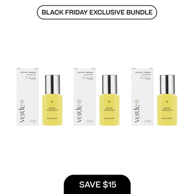 Three yellow diffuser drop bottles with silver caps, each paired with a white box labeled Verté, arranged in a row against a . - Diffuser Drops x3 | BFCM Exclusive Bundle - Hope - Doctor Aromas