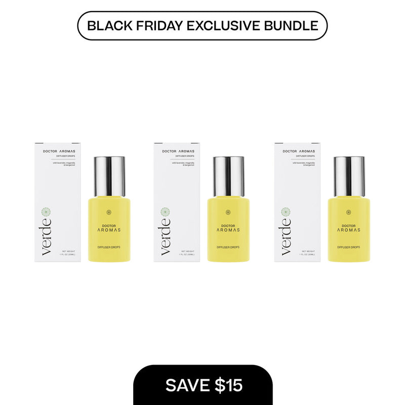 Three yellow diffuser drop bottles with silver caps, each paired with a white box labeled Verté, arranged in a row against a . - Diffuser Drops x3 | BFCM Exclusive Bundle - Hope - Doctor Aromas