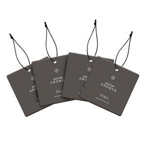 Set of four dark gray rectangular car perfumes with black hanging strings and white text reading Doctor Aromas Hope. - Car Perfume x4 Bundle | Hope - Hope - Doctor Aromas