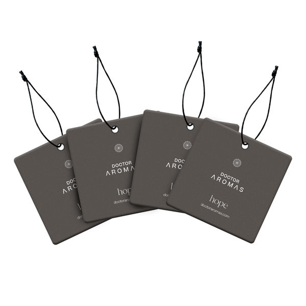 Set of four dark gray rectangular car perfumes with black hanging strings and white text reading Doctor Aromas Hope. - Car Perfume x4 Bundle | Hope - Hope - Doctor Aromas